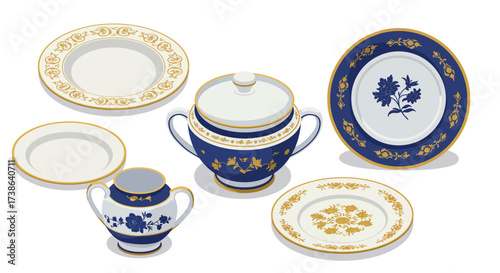 Elegant porcelain dinnerware set with blue and gold floral design