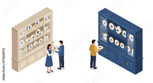 Vintage porcelain collection in isometric museum display with visitors