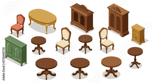 Elegant isometric furniture collection featuring tables and cabinets
