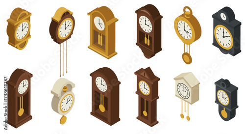 Isometric grandfather clocks collection in various designs and colors