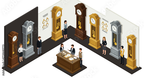 Isometric clock shop with grandfather clocks and people in a showroom setting