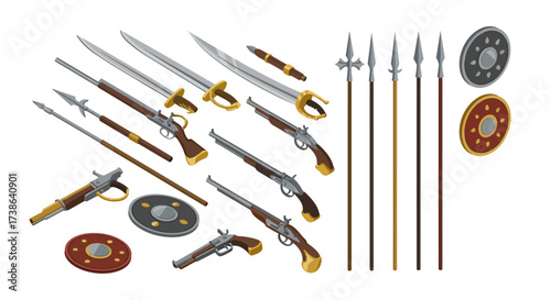 Isometric medieval weapon set with swords, guns, and shields on white background
