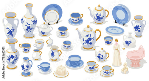 Elegant blue and white porcelain tea set collection featuring intricate flora…