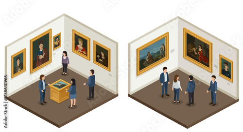 Isometric art gallery with diverse visitors viewing classic paintings in exhi…