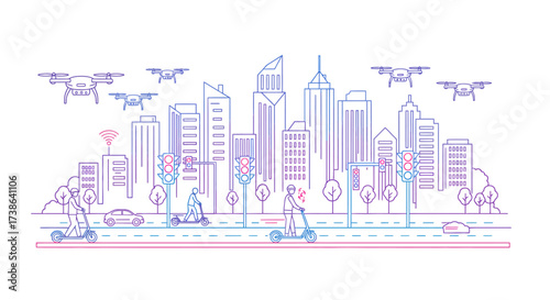 Futuristic cityscape with drones and electric scooters in modern linear style