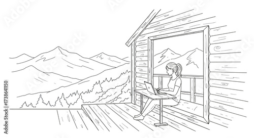 Woman working on laptop with mountain view from cabin balcony in linear art s…