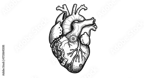 Intricate mechanical heart design with detailed sketch elements
