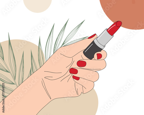 Minimalist vector illustration of a female hand holding red lipstick