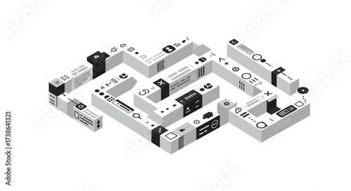 Isometric maze with abstract geometric shapes and digital icons in monochrome…