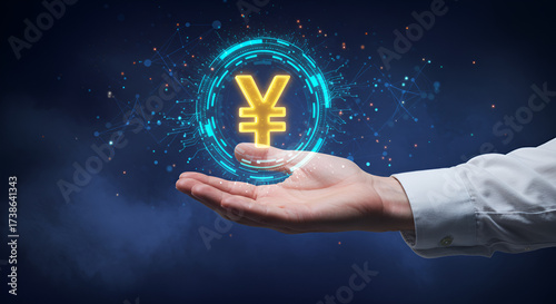 Wallpaper Mural Hand Presenting Holographic Yen Symbol — Financial Technology, Digital Currency Concept and Global Fintech Innovation Torontodigital.ca