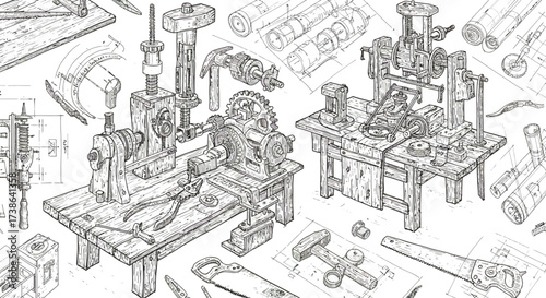 Vintage industrial machines with hand-drawn engineering sketches