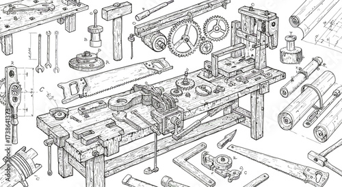 Vintage workshop tools blueprint with hand drawn mechanical details and compo…
