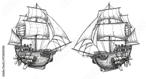 Vintage sailing ship with detailed sails and wooden hull in ink style