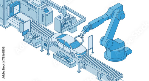Isometric robotic assembly line with industrial robot painting car in factory