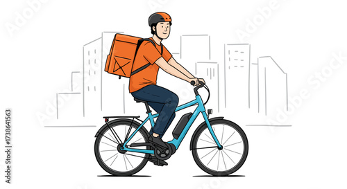 Urban bicycle delivery: courier with helmet and backpack riding through city…