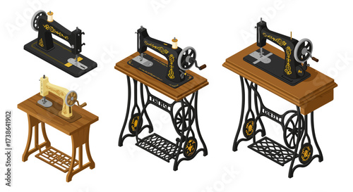 Vintage sewing machine collection: retro charm and craftsmanship in isometric…