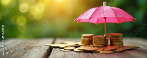 Wallpaper Mural Stacks of gold coins protected by a pink umbrella on a wooden surface, suggesting financial security and wealth preservation. Soft green bokeh background implies natural growth and safety. Torontodigital.ca