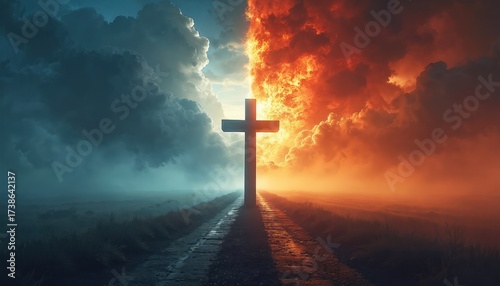Solitary cross stands on path divided by contrasting skies, one side dark and stormy, other ablaze with fire. This symbolizes profound choice between good and evil, light and dark, heaven and hell.