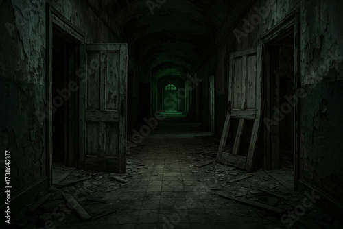 Eerie abandoned hallway with broken doors and peeling paint creates a sense of mystery and suspense for horror film or haunted house concepts