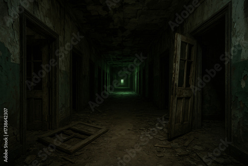 Eerie abandoned corridor with peeling paint and broken doors evokes suspense and mystery, perfect for thriller, horror, or urban exploration themes