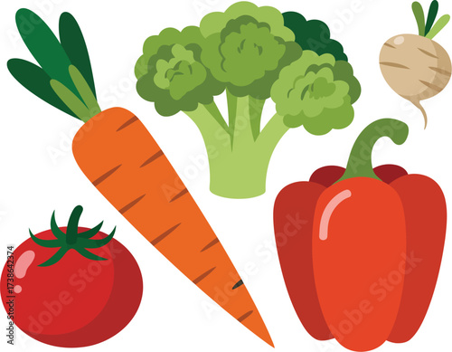 Cartoon Vegetables Assortment Carrot, Tomato, Broccoli, Turnip, & Pepper