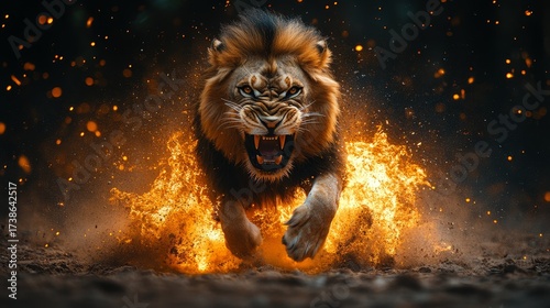 An angry lion with an open mouth. expression of anger. Portrait of a big male lion with open mouth on a dark background. 