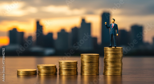 Wallpaper Mural Businessman Standing on Stacks of Gold Coins with City Skyline — Financial Success, Investment Growth and Wealth Management Concept Torontodigital.ca