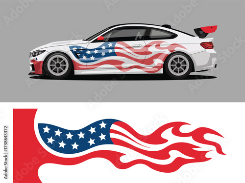 Dynamic Digital Illustration of a White Sports Car with Patriotic Flame Design