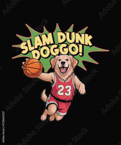 A golden retriever dog playing basketball poised for a slam dunk