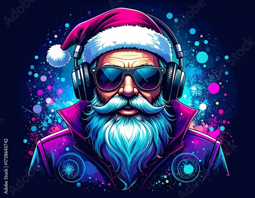 Dope Santa rocking shades and headphones, surrounded by vibrant particles