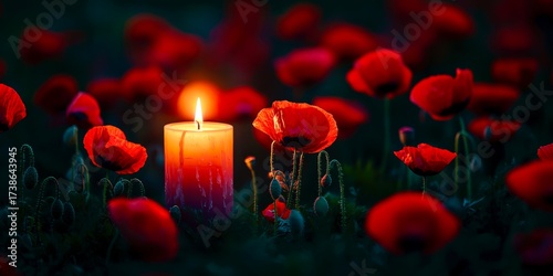 Red poppies candle remembrance day patriotic tribute