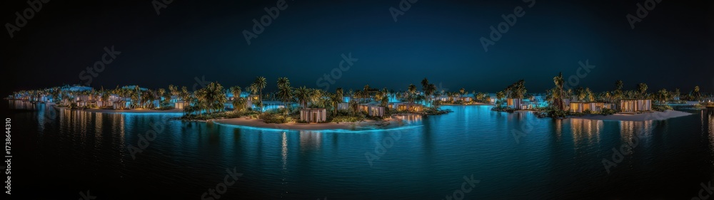 Obraz premium Panoramic view of island coast at night with city lights reflecting on water