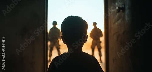 A young boy opens the door to a dark room, revealing three Israeli soldiers standing outside. The soldiers are backlit by the sunlight, creating a tense scene.