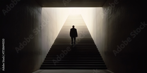 A man stands as a shadow at the bottom of a long stairway, preparing to take his first step toward the light above. This moment captures both uncertainty and anticipation, reminiscent of the 90s.