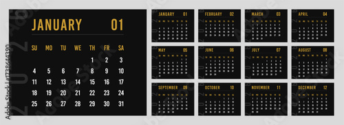 Black Calendar 2026 set of template, layout monthly horizontal pages. Minimalist planner starting with Sunday.