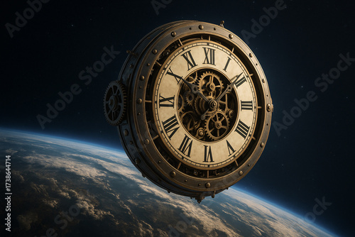 Steampunk clock face floating above Earth offers a unique perspective on time and space travel, perfect for science fiction or fantasy concepts