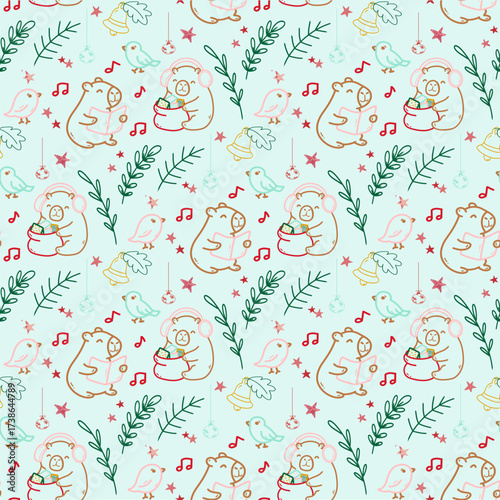 Cute Christmas Caroling Capybaras and Birds Seamless Repeat