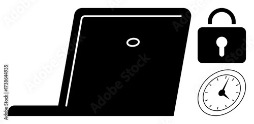 A laptop, padlock, and analog clock highlight digital security, productivity, and timely workflow. Ideal for cybersecurity, work-life balance, deadlines, remote work data protection secure