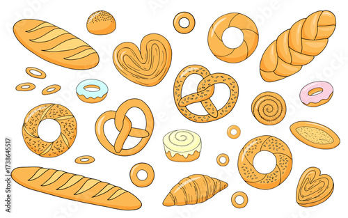Set of buns: croissant, loaf, simit, donut, baguette, pretzel, vector illustration, seamless pattern. Hand-drawn bakery products. Doodle style.