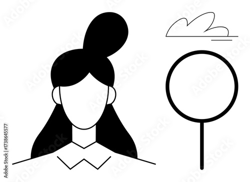 Unadorned woman face with abstract features, juxtaposed with a magnifying glass shape and minimal cloud line. Ideal for identity, focus, exploration, analysis, searching, individuality, minimalism