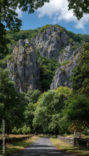 A tall rocky mountain rises above trees and a road with sky peeking through the foliage