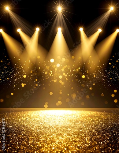 Gleaming golden stage lit by stage lights, with shimmering particles