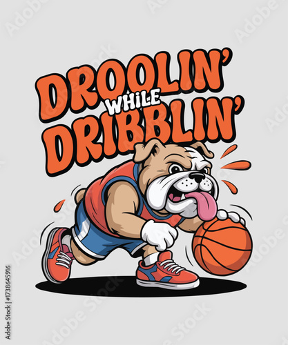 Cartoon bulldog playing basketball with a dribbling pose and excited expression