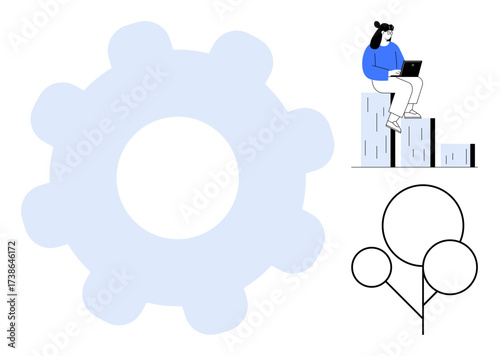 Woman using laptop while sitting on bar chart, large gear in background, minimalist tree. Ideal for productivity, growth, innovation, technology, analysis organization creativity. Simple flat