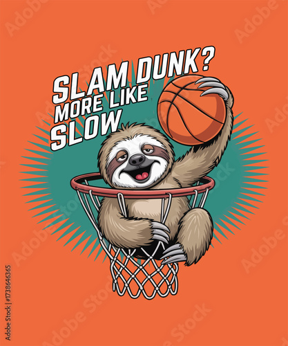 A smiling sloth playfully hangs from a basketball hoop with a ball