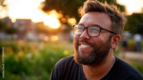 A smiling young Caucasian male in glasses with a beard, part of an interracial couple, enjoying a sunset outdoors, diversity, inclusivity, interracial couples, plus-size models, su
