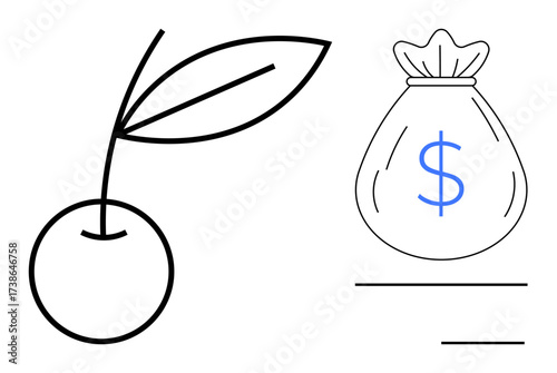 Outline-style cherry next to a money bag with a dollar sign, paired with abstract lines. Ideal for sustainability, finance, business growth, agriculture, investment, eco-friendliness, and wealth a