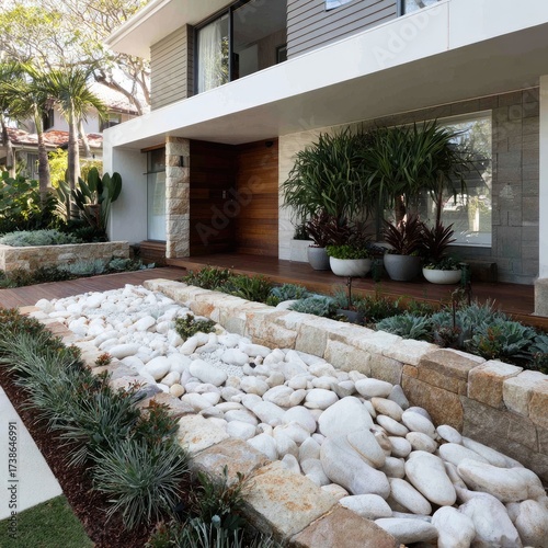 A modern home's front yard features a rock-filled waterway, greenery, and wooden accents