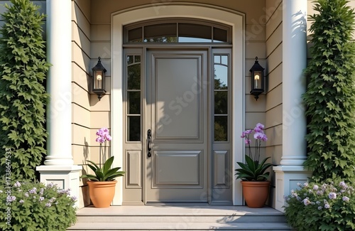 Elegant home entrance with grey front door, glass sidelights, transom window. Potted pink orchids adorn the steps. Green bushes, white pillars, and wall lanterns frame this upscale house entry.