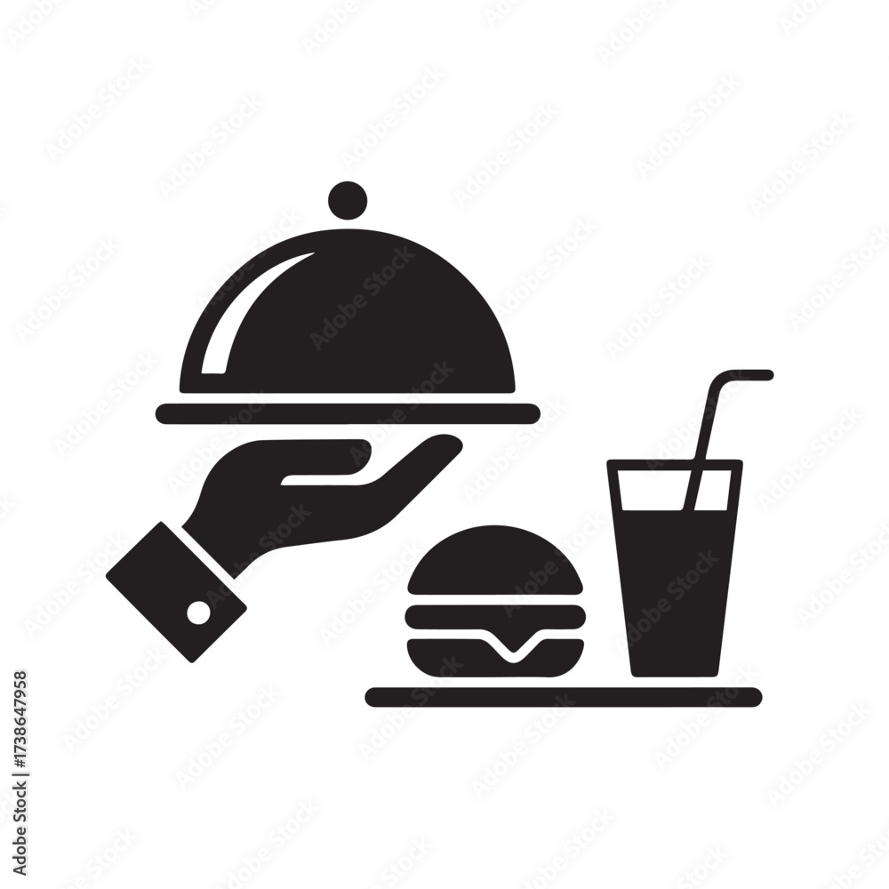 Fototapeta premium Food Delivery & Restaurant Service Vector Icon: Catering and Waiter Cloche Platter